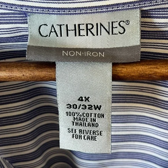 Catherines Plus 4X Blue White Striped‎ Non-Iron 100% Cotton Button Up Blouse - Picture 3 of 11